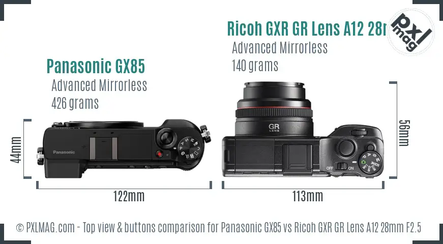 Panasonic GX85 vs Ricoh GXR GR Lens A12 28mm F2.5 top view buttons comparison