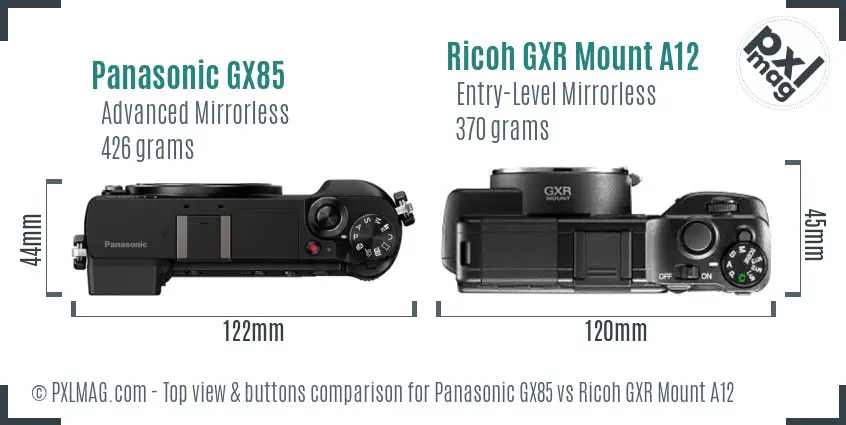 Panasonic GX85 vs Ricoh GXR Mount A12 top view buttons comparison