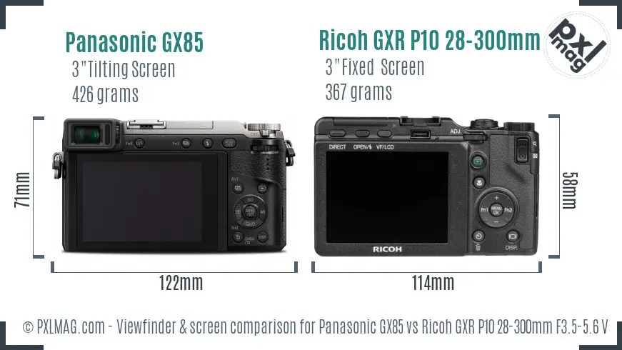 Panasonic GX85 vs Ricoh GXR P10 28-300mm F3.5-5.6 VC Screen and Viewfinder comparison
