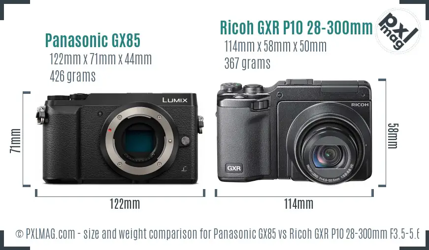 Panasonic GX85 vs Ricoh GXR P10 28-300mm F3.5-5.6 VC size comparison