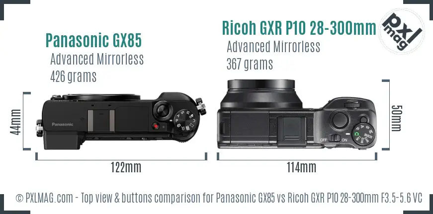 Panasonic GX85 vs Ricoh GXR P10 28-300mm F3.5-5.6 VC top view buttons comparison