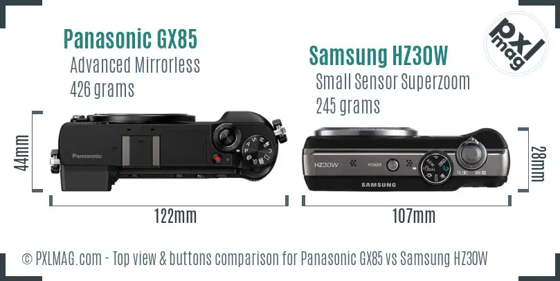 Panasonic GX85 vs Samsung HZ30W top view buttons comparison