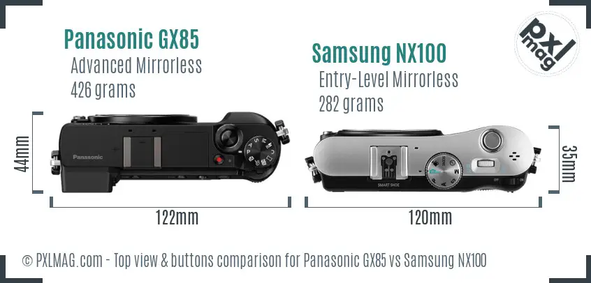 Panasonic GX85 vs Samsung NX100 top view buttons comparison