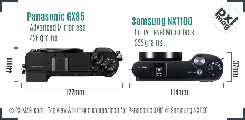 Panasonic GX85 vs Samsung NX1100 top view buttons comparison