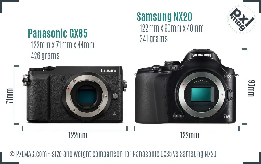 Panasonic GX85 vs Samsung NX20 size comparison