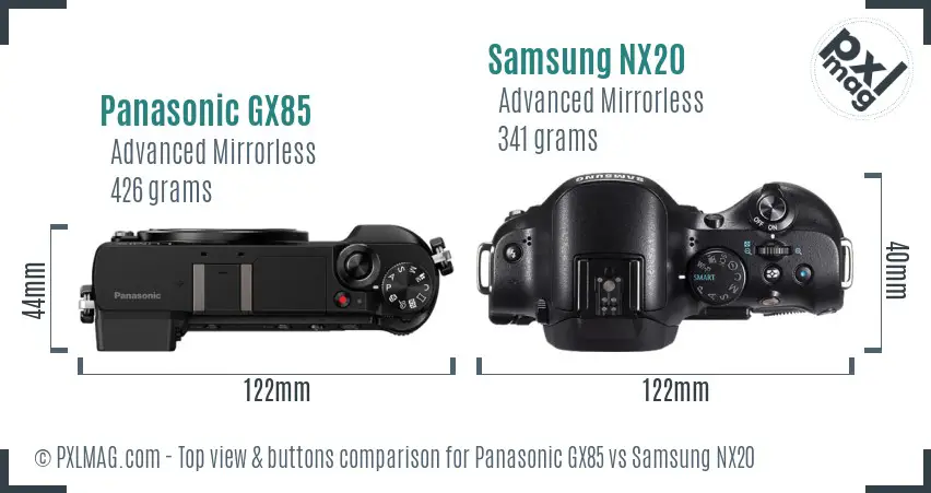 Panasonic GX85 vs Samsung NX20 top view buttons comparison