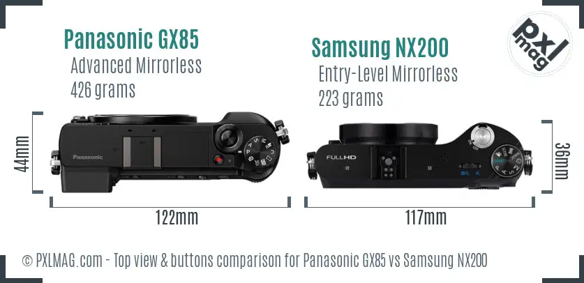 Panasonic GX85 vs Samsung NX200 top view buttons comparison