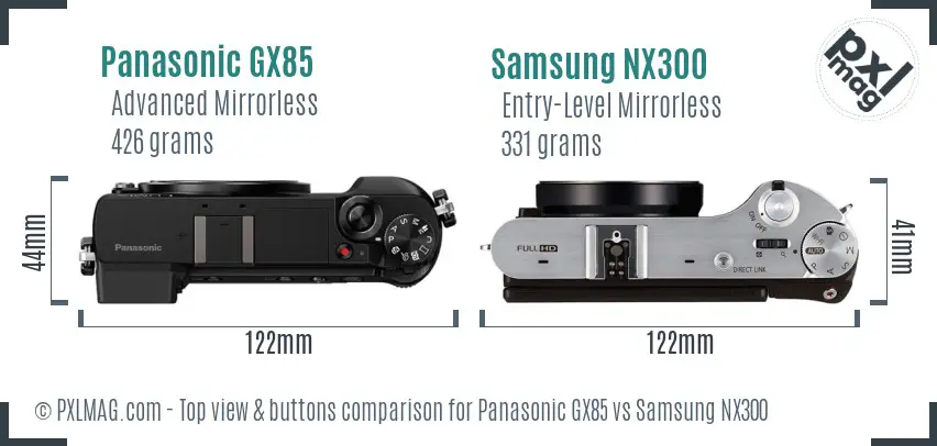 Panasonic GX85 vs Samsung NX300 top view buttons comparison Panasonic GX85 vs Samsung NX300 top view buttons comparison