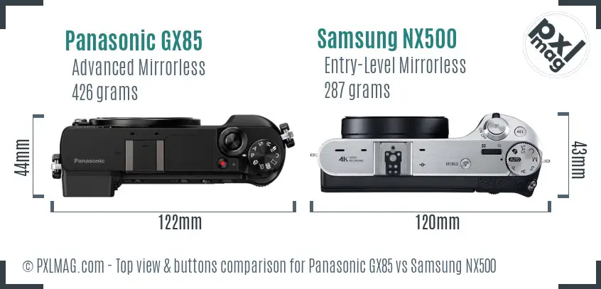 Panasonic GX85 vs Samsung NX500 top view buttons comparison Panasonic GX85 vs Samsung NX500 top view buttons comparison