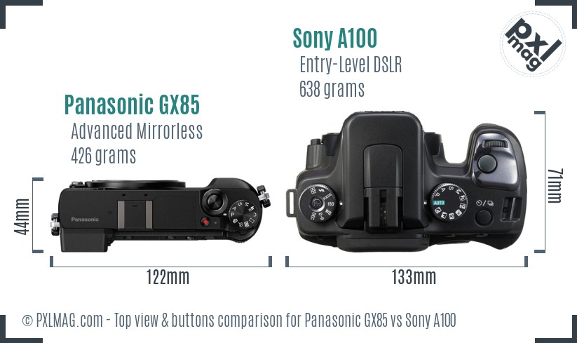 Panasonic GX85 vs Sony A100 top view buttons comparison