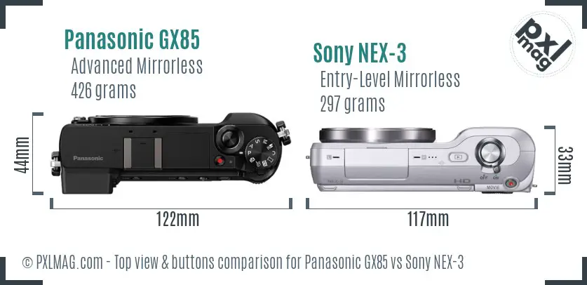 Panasonic GX85 vs Sony NEX-3 top view buttons comparison