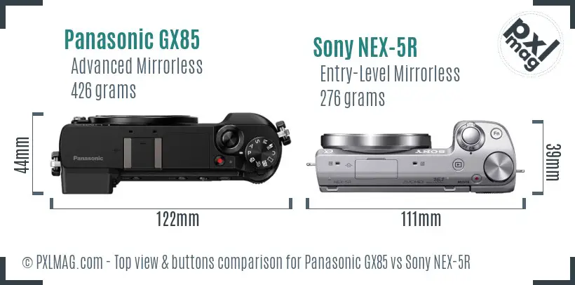 Panasonic GX85 vs Sony NEX-5R top view buttons comparison