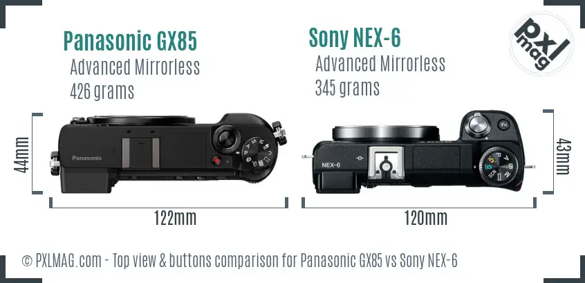 Panasonic GX85 vs Sony NEX-6 top view buttons comparison Panasonic GX85 vs Sony NEX-6 top view buttons comparison