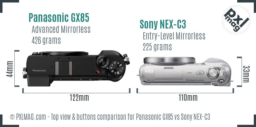 Panasonic GX85 vs Sony NEX-C3 top view buttons comparison