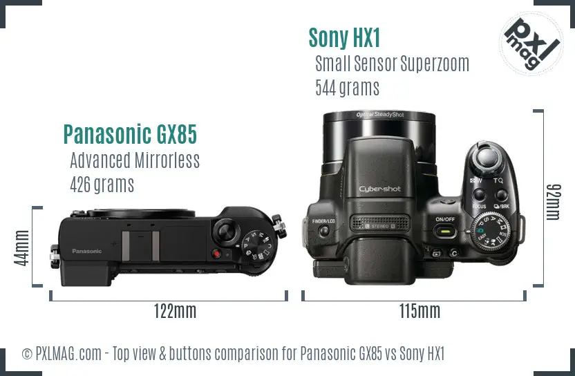 Panasonic GX85 vs Sony HX1 top view buttons comparison