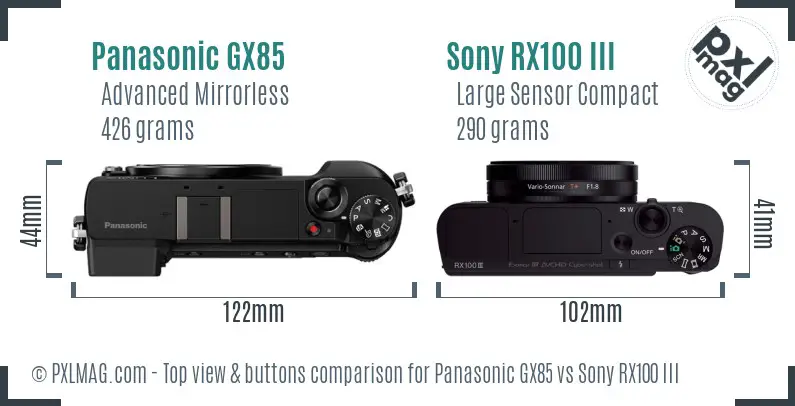 Panasonic GX85 vs Sony RX100 III top view buttons comparison Panasonic GX85 vs Sony RX100 III top view buttons comparison