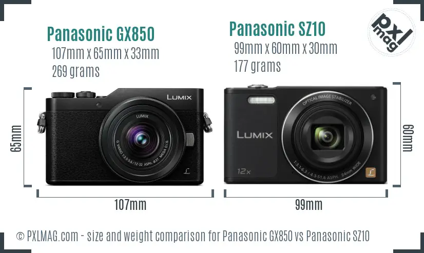 Panasonic GX850 vs Panasonic SZ10 size comparison