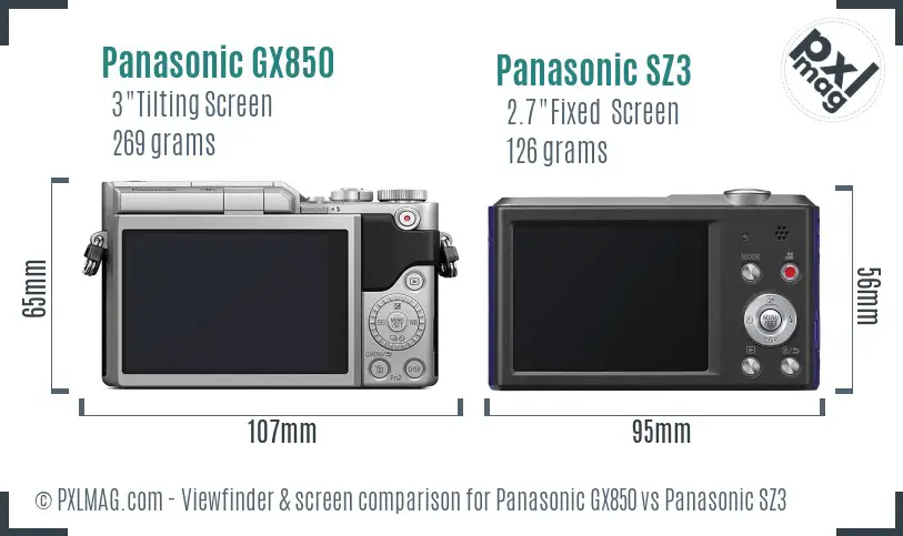 Panasonic GX850 vs Panasonic SZ3 Screen and Viewfinder comparison