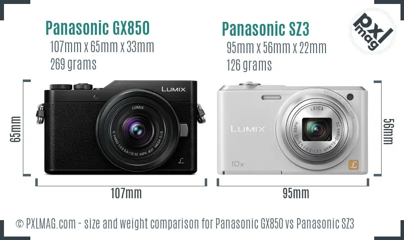 Panasonic GX850 vs Panasonic SZ3 size comparison