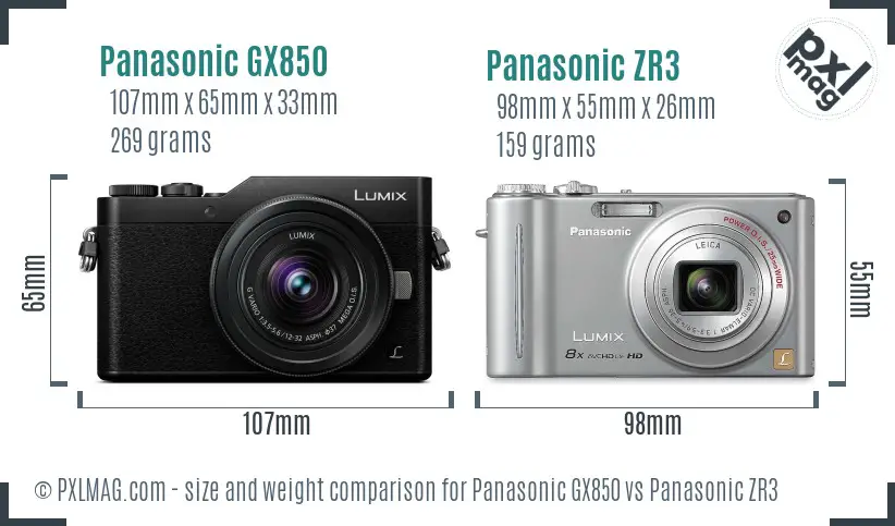 Panasonic GX850 vs Panasonic ZR3 size comparison