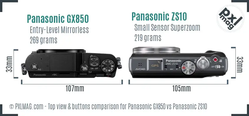 Panasonic GX850 vs Panasonic ZS10 top view buttons comparison