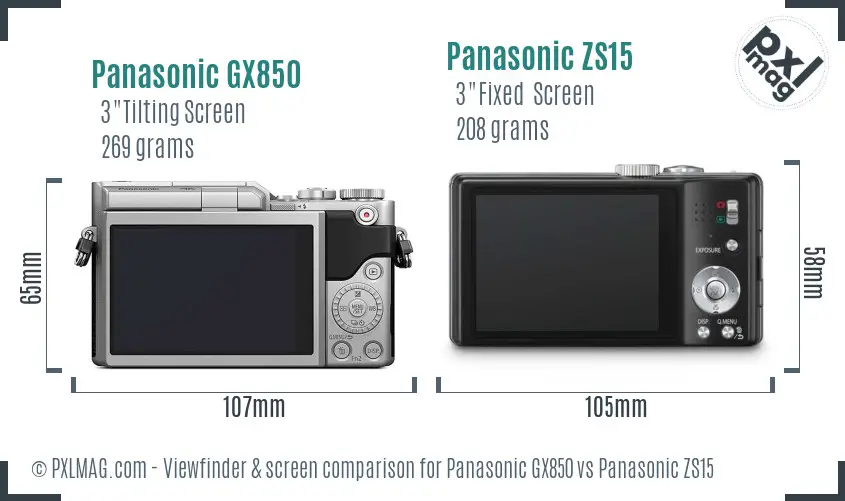 Panasonic GX850 vs Panasonic ZS15 Screen and Viewfinder comparison
