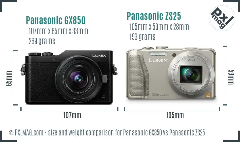 Panasonic GX850 vs Panasonic ZS25 size comparison