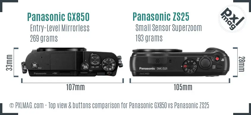 Panasonic GX850 vs Panasonic ZS25 top view buttons comparison