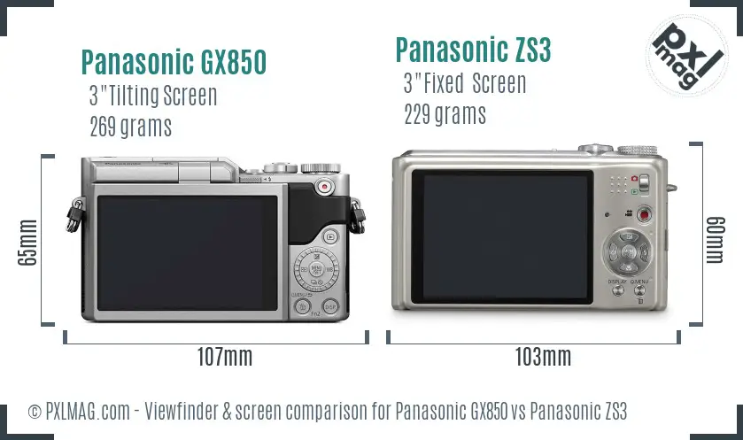 Panasonic GX850 vs Panasonic ZS3 Screen and Viewfinder comparison