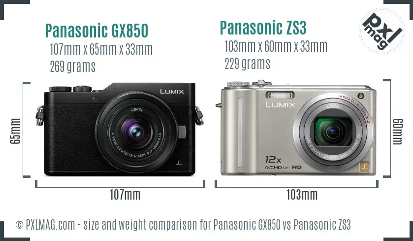 Panasonic GX850 vs Panasonic ZS3 size comparison
