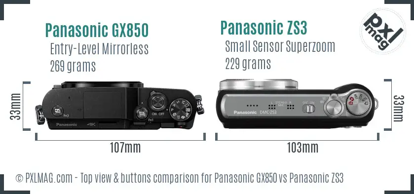 Panasonic GX850 vs Panasonic ZS3 top view buttons comparison