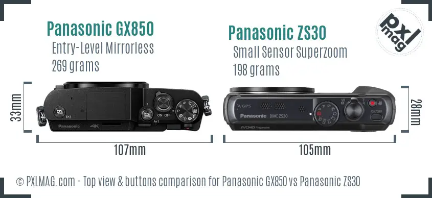 Panasonic GX850 vs Panasonic ZS30 top view buttons comparison
