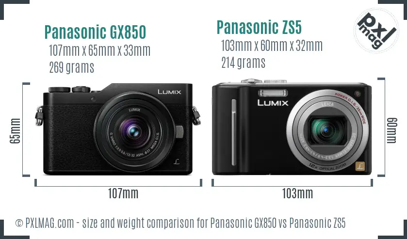 Panasonic GX850 vs Panasonic ZS5 size comparison