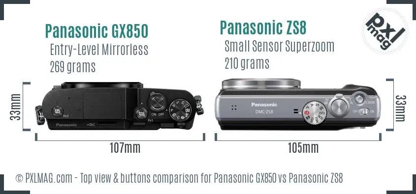 Panasonic GX850 vs Panasonic ZS8 top view buttons comparison