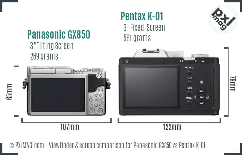 Panasonic GX850 vs Pentax K-01 Screen and Viewfinder comparison