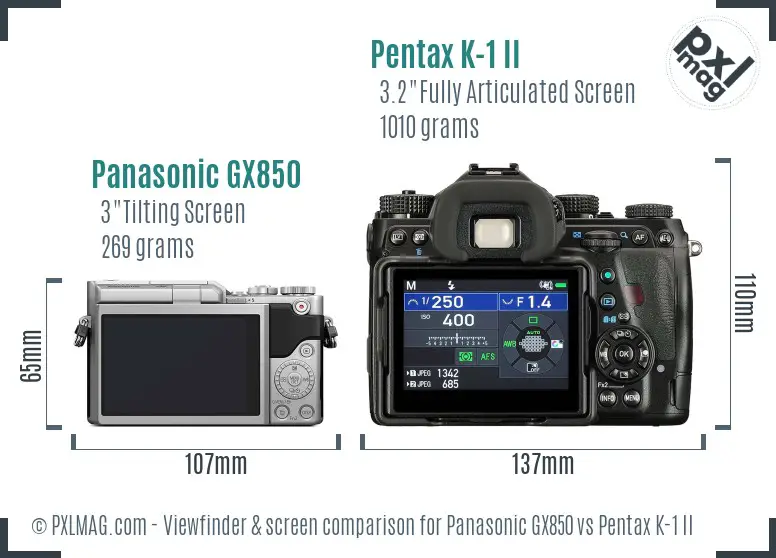 Panasonic GX850 vs Pentax K-1 II Screen and Viewfinder comparison