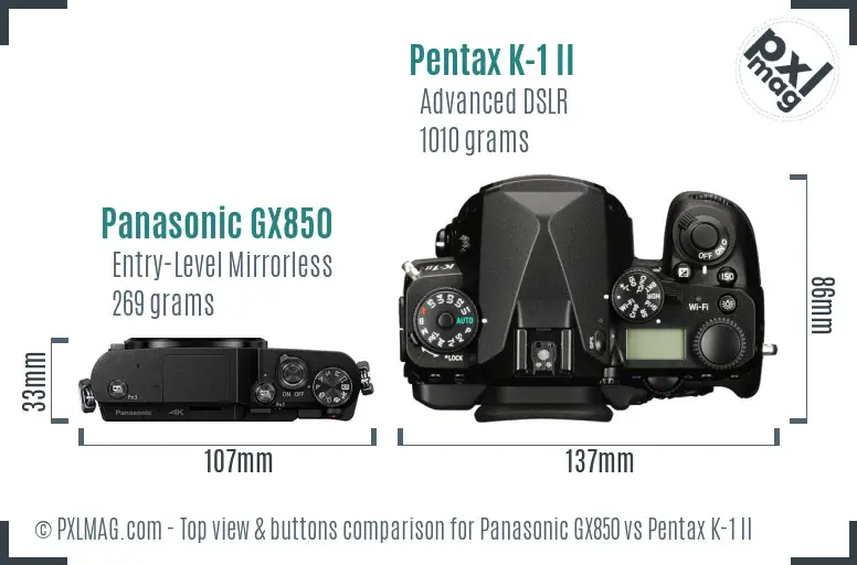 Panasonic GX850 vs Pentax K-1 II top view buttons comparison