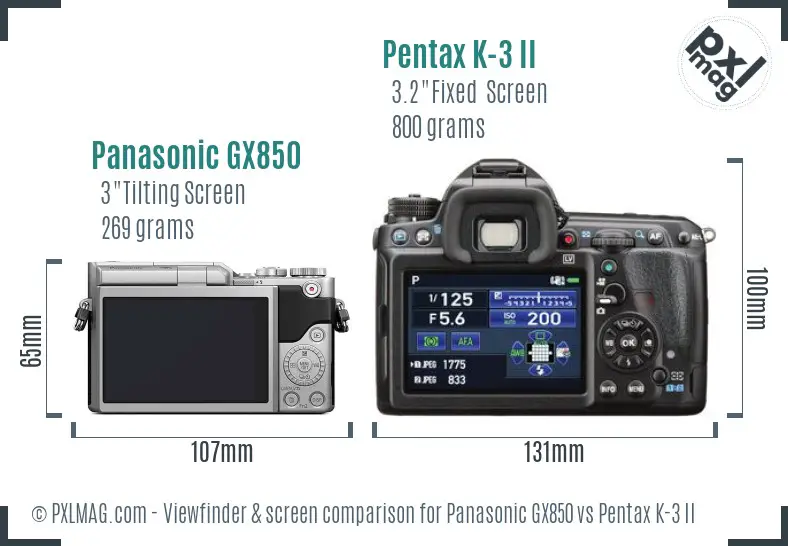 Panasonic GX850 vs Pentax K-3 II Screen and Viewfinder comparison