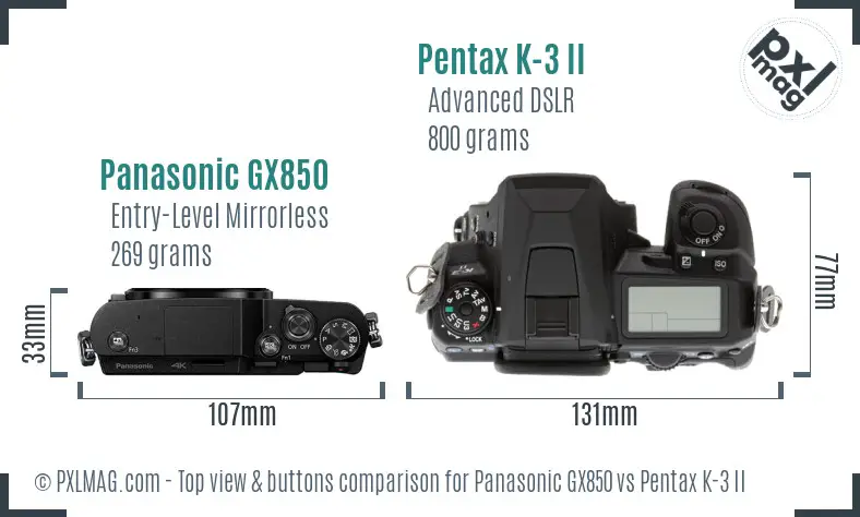 Panasonic GX850 vs Pentax K-3 II top view buttons comparison