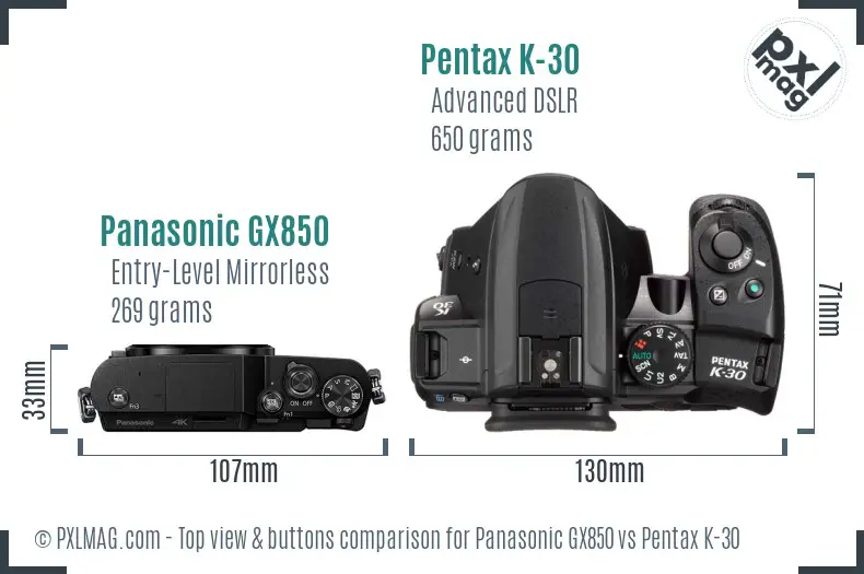 Panasonic GX850 vs Pentax K-30 top view buttons comparison