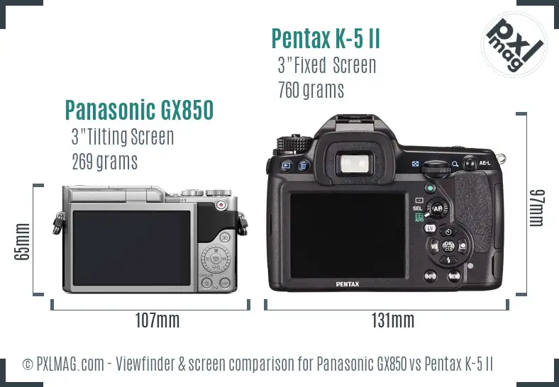 Panasonic GX850 vs Pentax K-5 II Screen and Viewfinder comparison