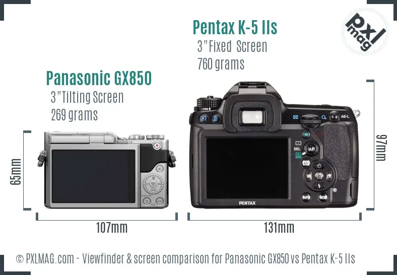Panasonic GX850 vs Pentax K-5 IIs Screen and Viewfinder comparison