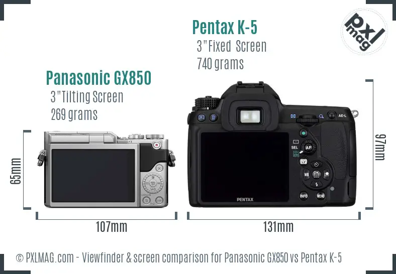 Panasonic GX850 vs Pentax K-5 Screen and Viewfinder comparison