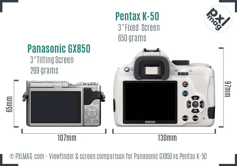 Panasonic GX850 vs Pentax K-50 Screen and Viewfinder comparison