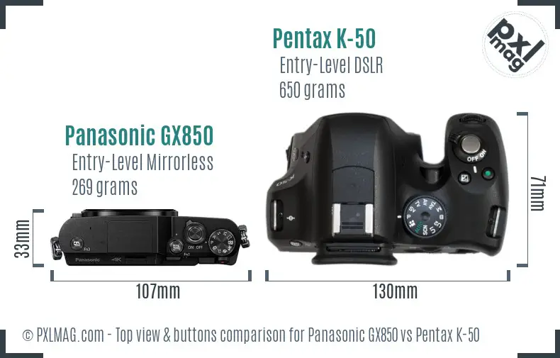 Panasonic GX850 vs Pentax K-50 top view buttons comparison