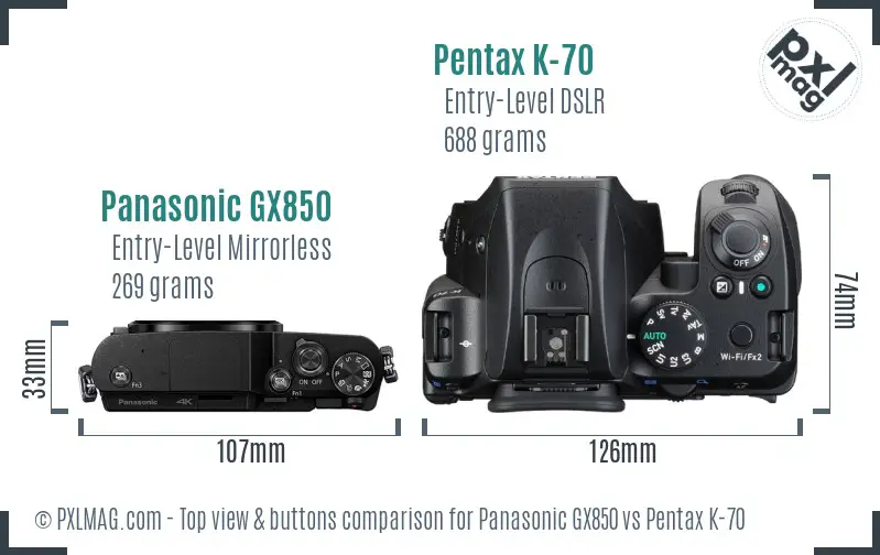 Panasonic GX850 vs Pentax K-70 top view buttons comparison
