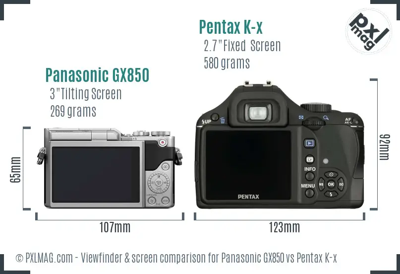 Panasonic GX850 vs Pentax K-x Screen and Viewfinder comparison