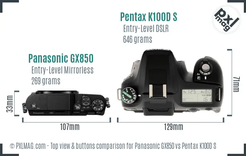 Panasonic GX850 vs Pentax K100D S top view buttons comparison