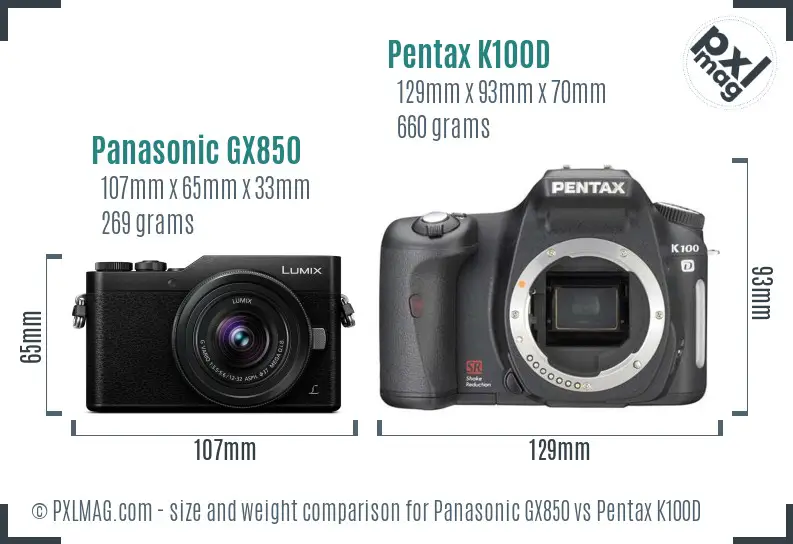 Panasonic GX850 vs Pentax K100D size comparison