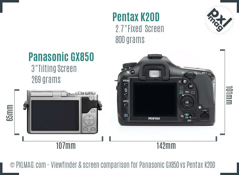 Panasonic GX850 vs Pentax K20D Screen and Viewfinder comparison